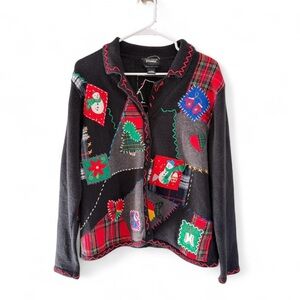 Vintage Christmas Cardigan Elbow Patch Black Plaid Patchwork M Studio Joy